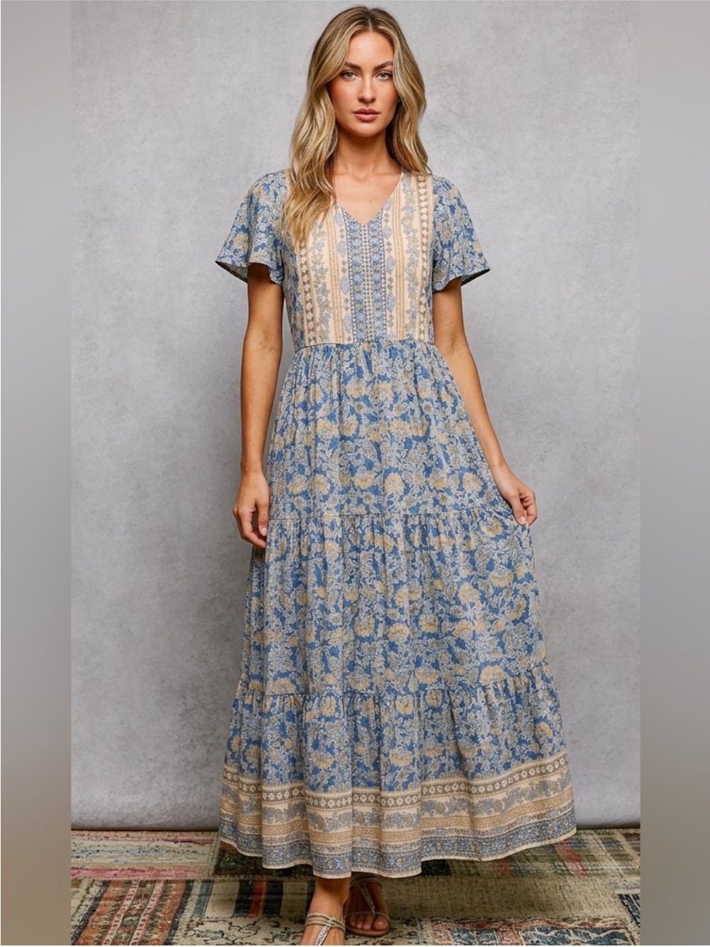 NWT: Bohemian Floral Patchwork Flowy Tiered Short Sleeve Maxi Dress• Medium